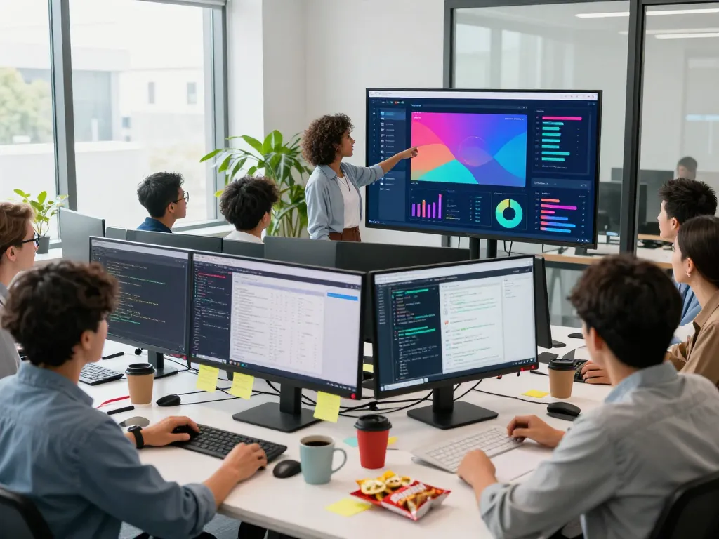 Developers discussing software solutions at https://thscrore.com/ in a modern collaborative workspace filled with technology and creativity.