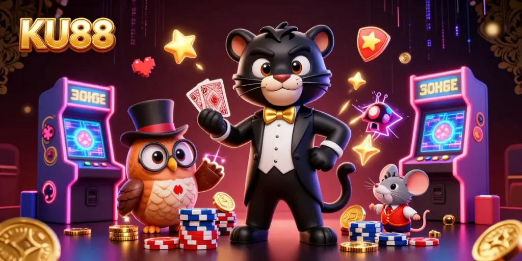 Experience the excitement of KU88 with stylish characters at a vibrant casino scene.