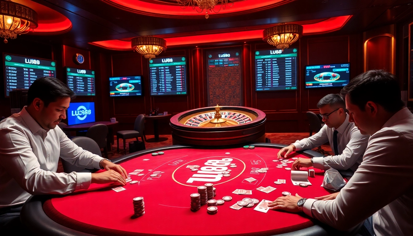 Engaging poker game at lu88 casino with stylish chips and cards on a luxurious table.