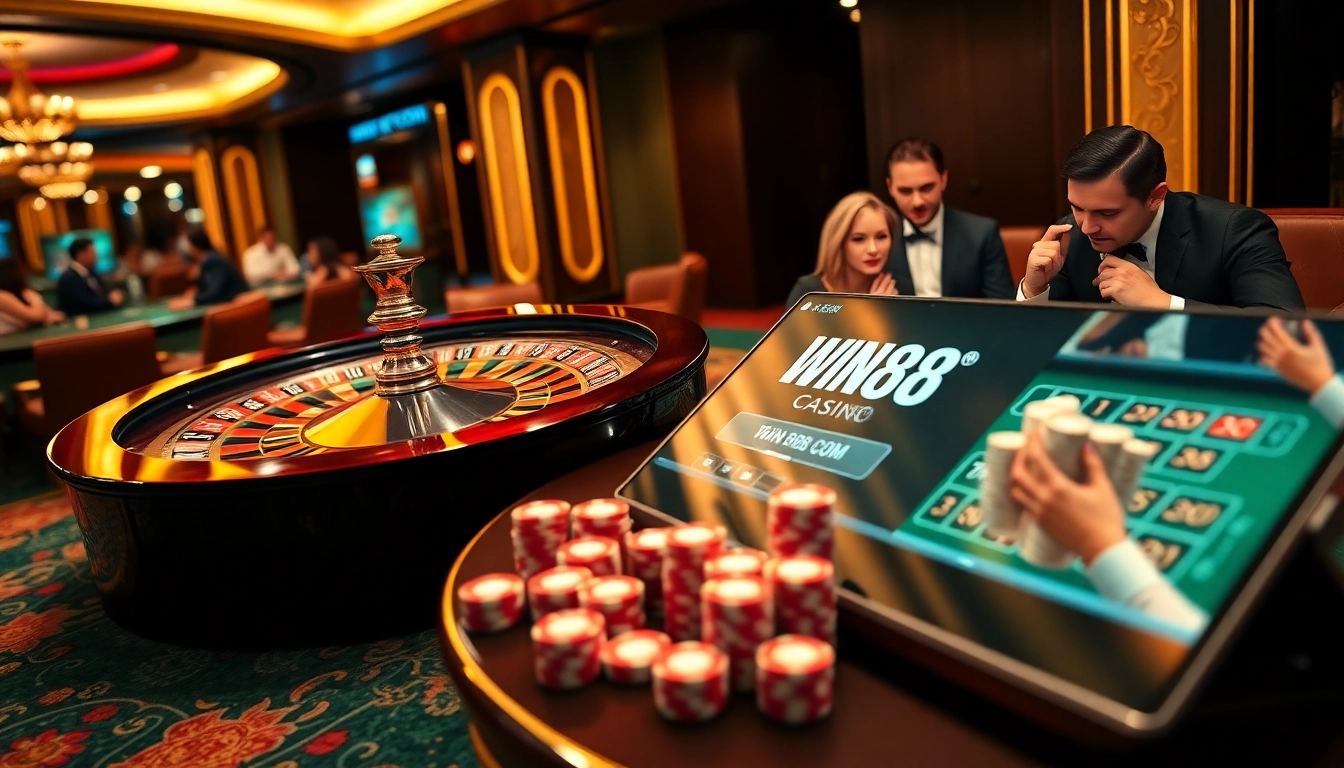 Engaging scene depicting players at WIN88 COM, experiencing luxurious online gambling with poker chips and roulette.