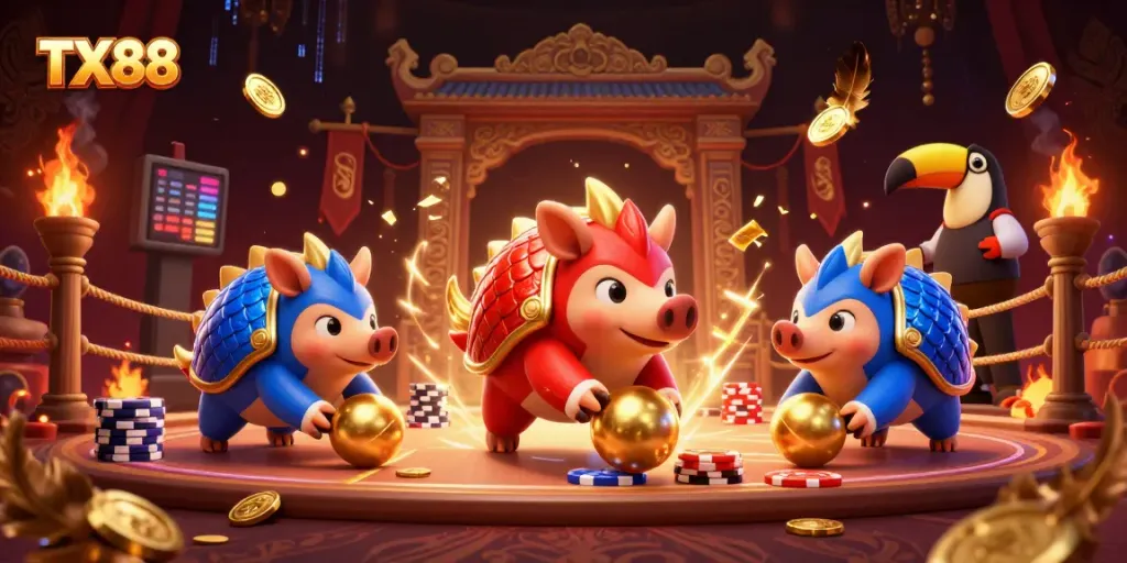 Experience the excitement at TX88, where playing pangolins roll through poker chips in a vibrant casino scene.
