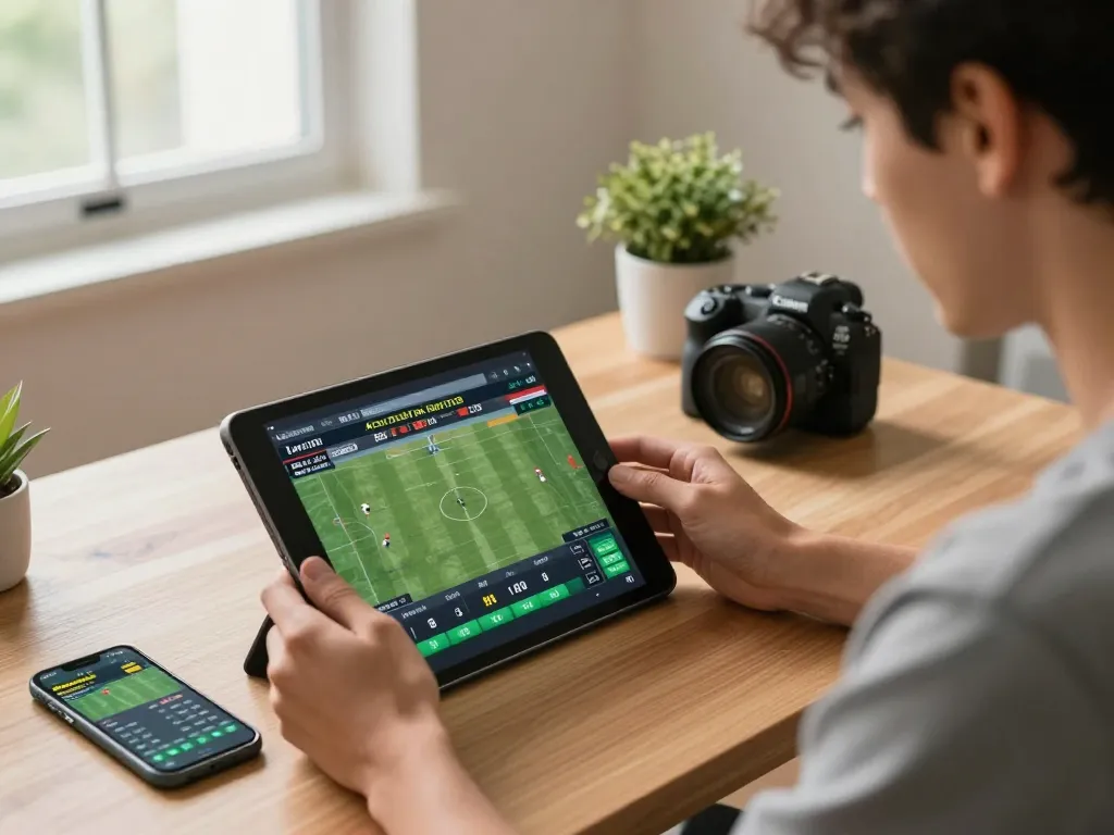 PH22 user actively placing sports bets online using a tablet, showcasing live statistics and betting odds.