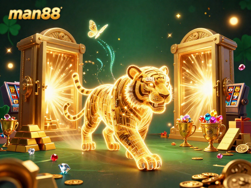 Engage with man88's vibrant digital casino environment, featuring a neon tiger and treasure elements.