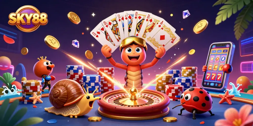 Experience thrilling casino action with SKY88's vibrant 3D gaming scene featuring unique characters and exciting elements.