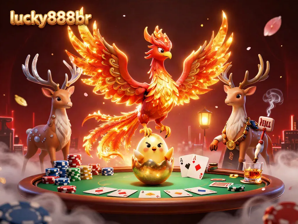 Experience exciting gambling moments with lucky888br through an epic scene of phoenix and casino elements.