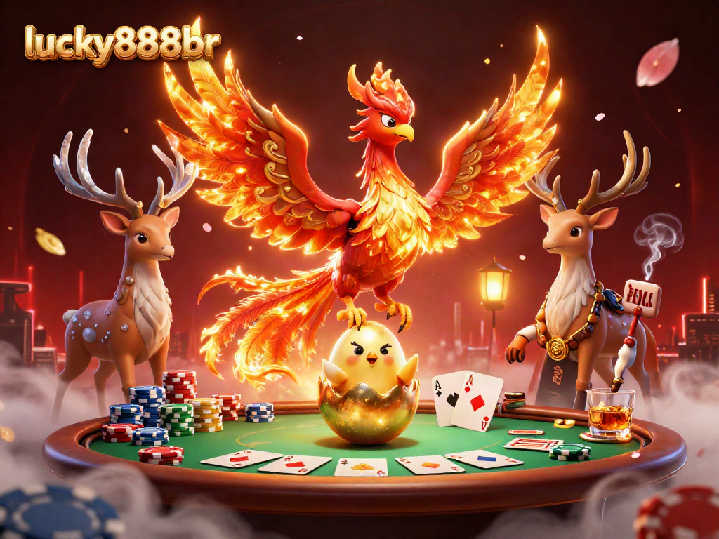 Experience exciting gambling moments with lucky888br through an epic scene of phoenix and casino elements.