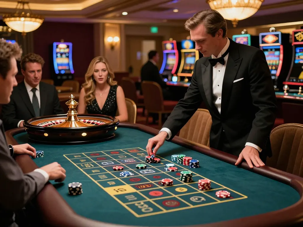 CM88 players engaging with an exciting roulette game, chips on the table, vibrant casino atmosphere