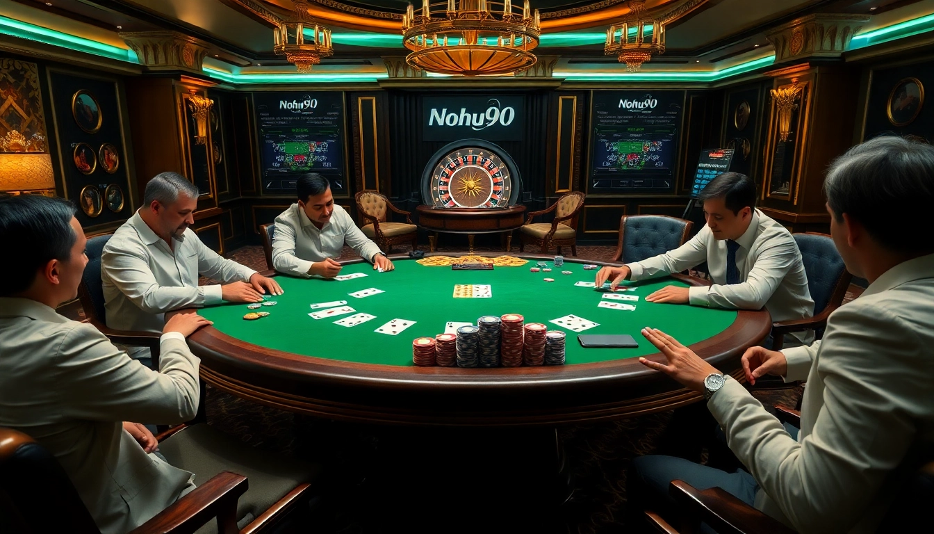 Nohu90 players enjoying a thrilling poker game at a luxurious casino.