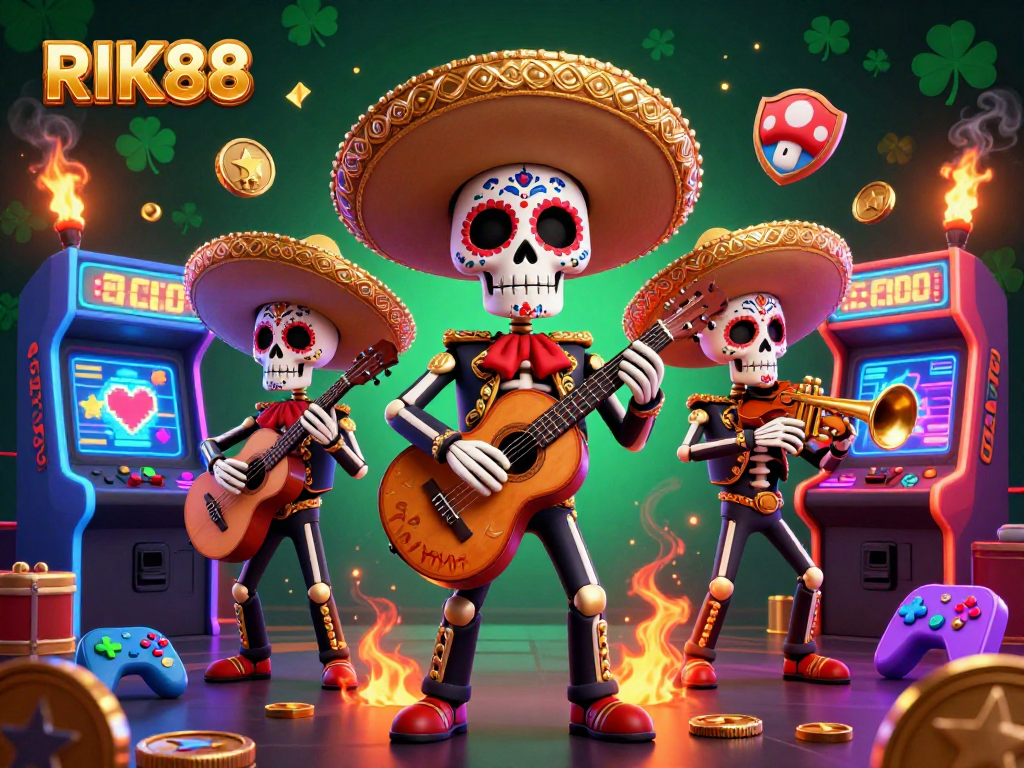 Engage with vibrant gaming action at RIK88 with colorful arcade machines and a lively mariachi band.