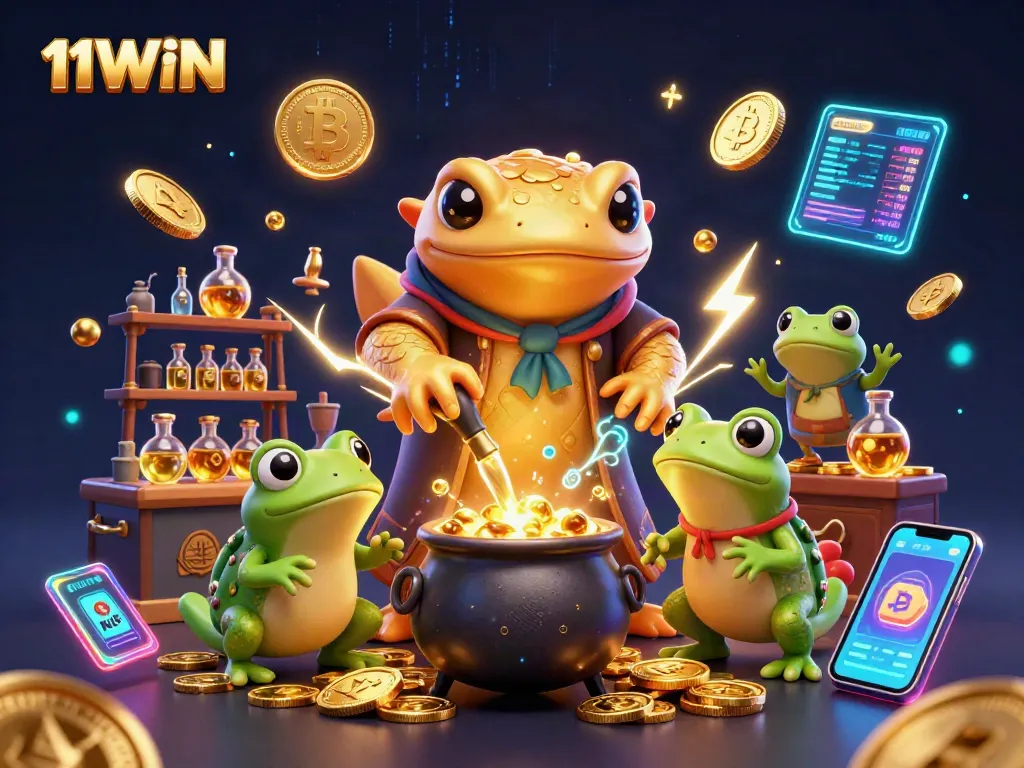 Immerse in 11WIN's vibrant online gaming scene featuring enchanting alchemy and crypto elements.