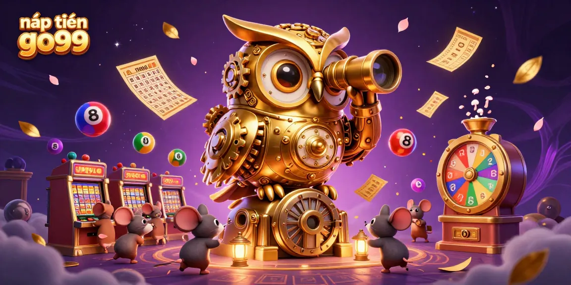 Engage in nạp tiền go99 as the golden owl oversees lively casino activities amidst colorful elements.