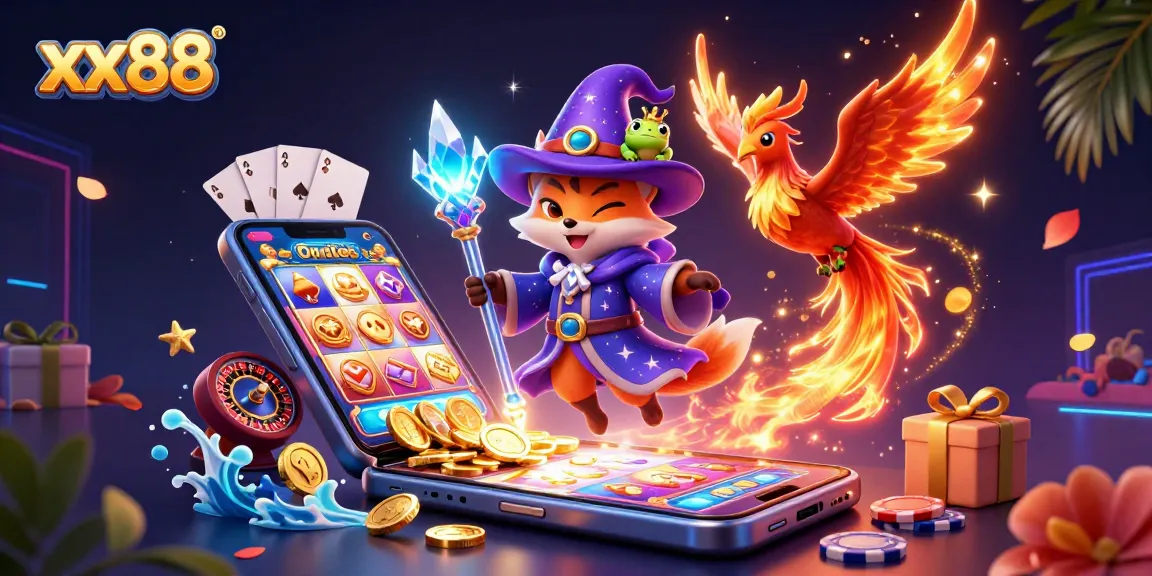 Experience the thrill of xx88 with a mystical casino scene featuring a wizard fox and phoenix companion.