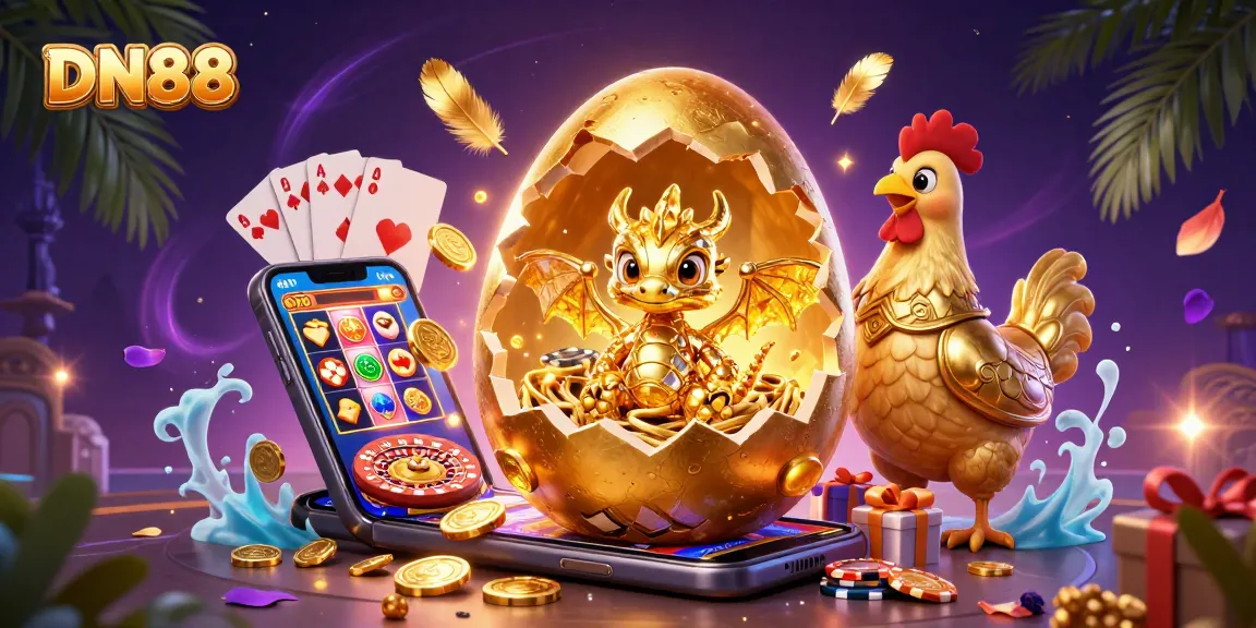 Experience exciting gaming action with DN88 as a golden dragon emerges from a nest of poker chips.