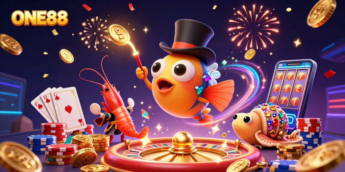 Engage with ONE88's thrilling gaming experience featuring festive underwater characters and vibrant casino elements.
