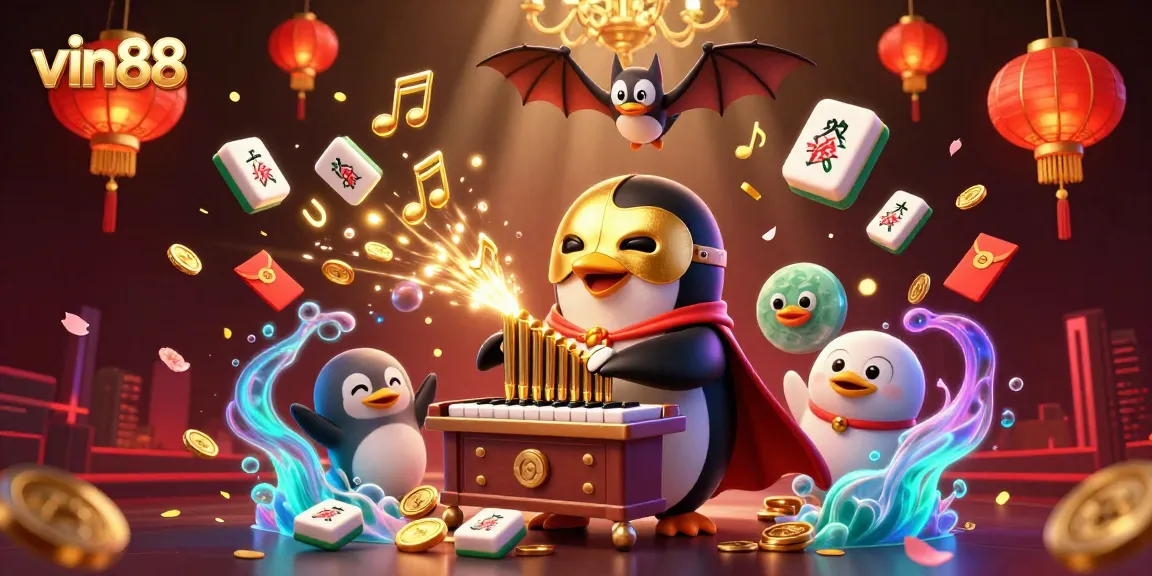 Experience vin88 gaming excitement as a phantom opera penguin plays an organ launching golden coins.