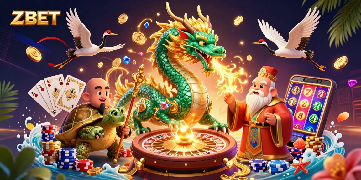 ZBET illustrates a vibrant casino scene with a majestic dragon, lucky cranes, and gaming elements.