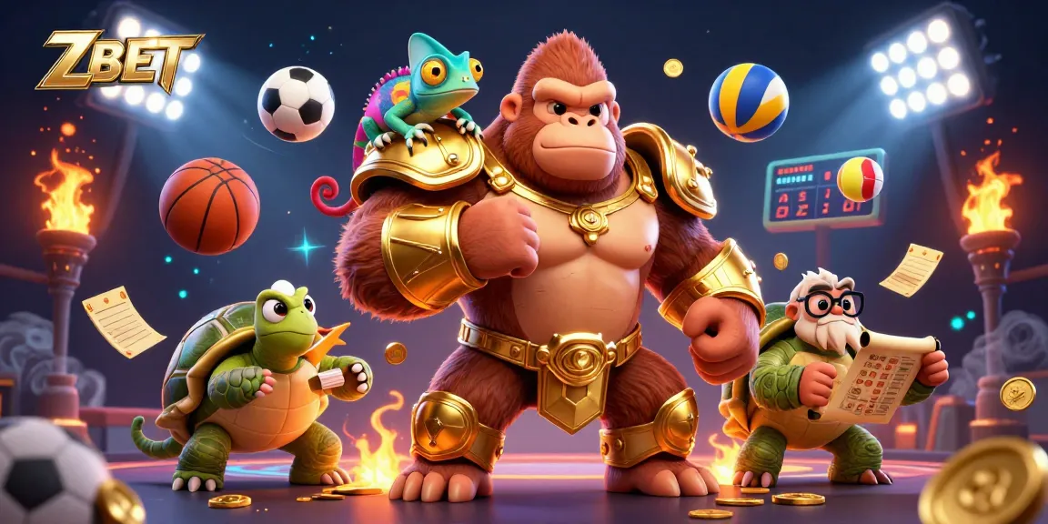 ZBET showcases thrilling sports betting with a powerful gorilla king and vibrant dynamic elements.
