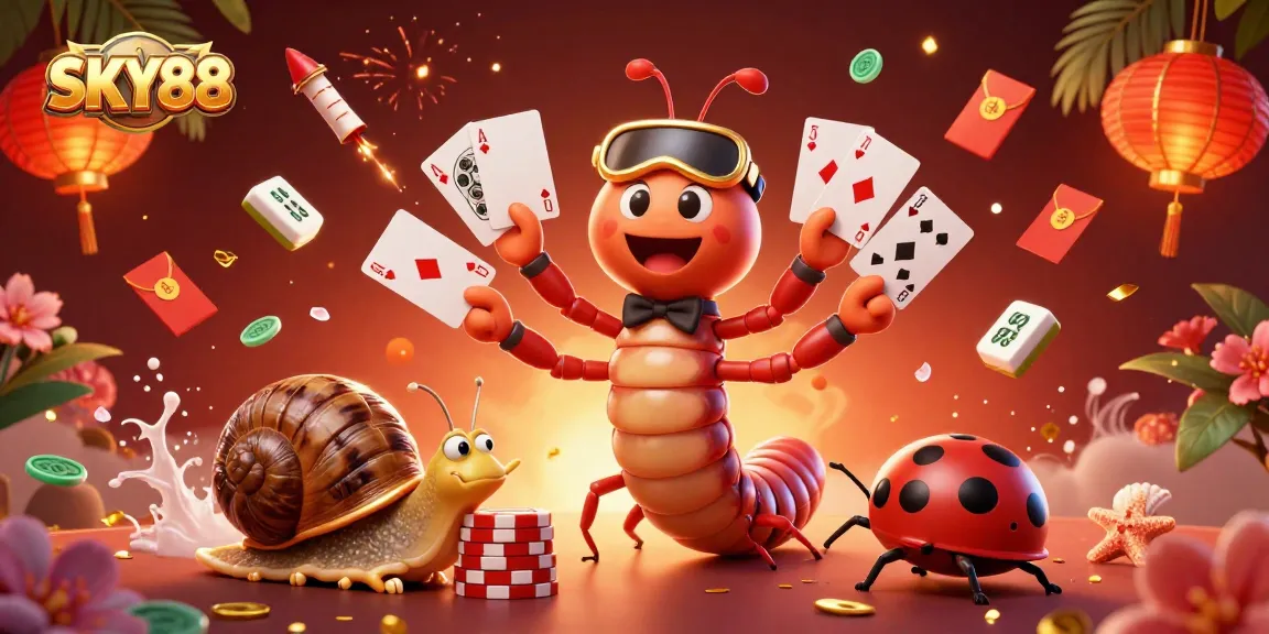 Engage in exciting gameplay at SKY88 with a vibrant 3D casino scene featuring a millipede dealer.