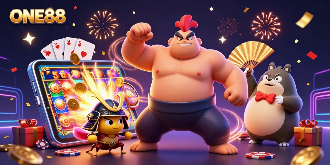 Engage with ONE88's lively casino experience featuring a dynamic sumo rooster and samurai cricket.