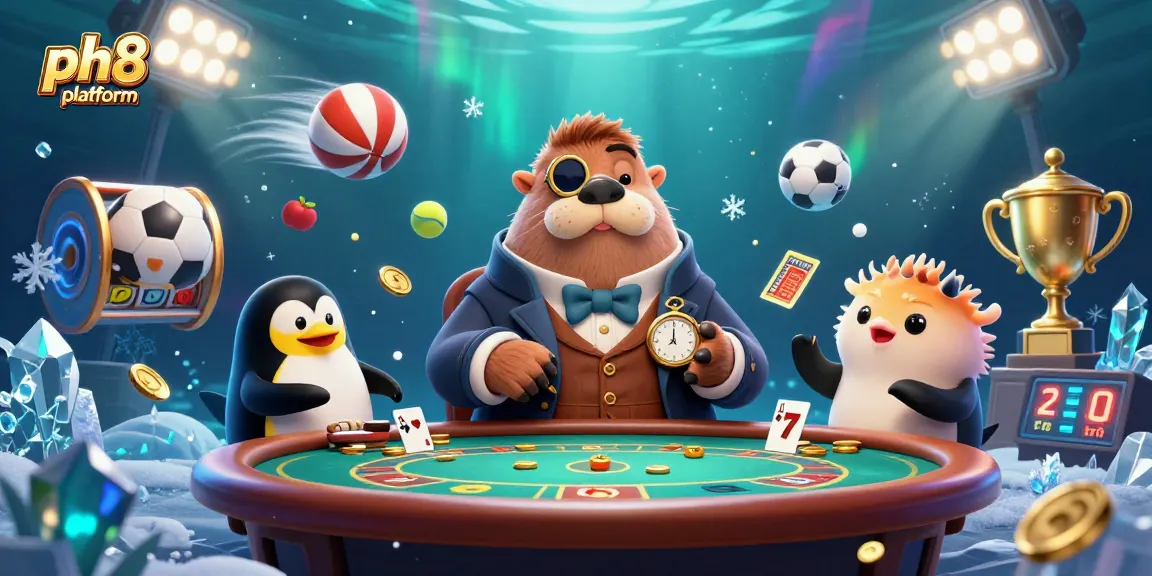 Experience the excitement of the ph8 platform with a jolly walrus playing poker alongside a sophisticated dealer and a bluffing pufferfish.